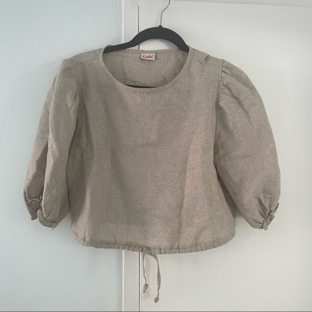 Lisa Says Gah Gold Puff Sleeve Linen Top - Picture 4 of 11